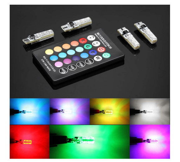 4pcs 194 T10 LED Atmosphere lights, W5W RGB LED Bulbs with Remote Controller RGBW 501 194 168 6SMD 5050 Silicone Strobe lights Car Wedge Side Light, 12V